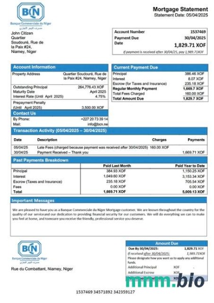 Niger Banque Commerciale du Niger (BCN) wyciąg z kredytu hipotecznego szablon Word i PDF